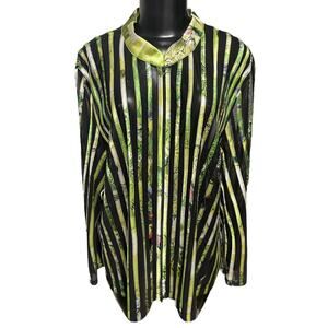 24W JS Collection Woman Striped Floral Sheer Longsleeve Zipper Shirt